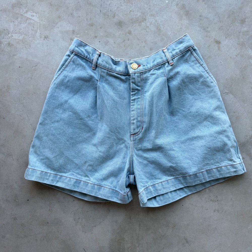 Big Bud Press Denim Trouser Shorts Light Wash Blue Red Stitching Pleated Size M